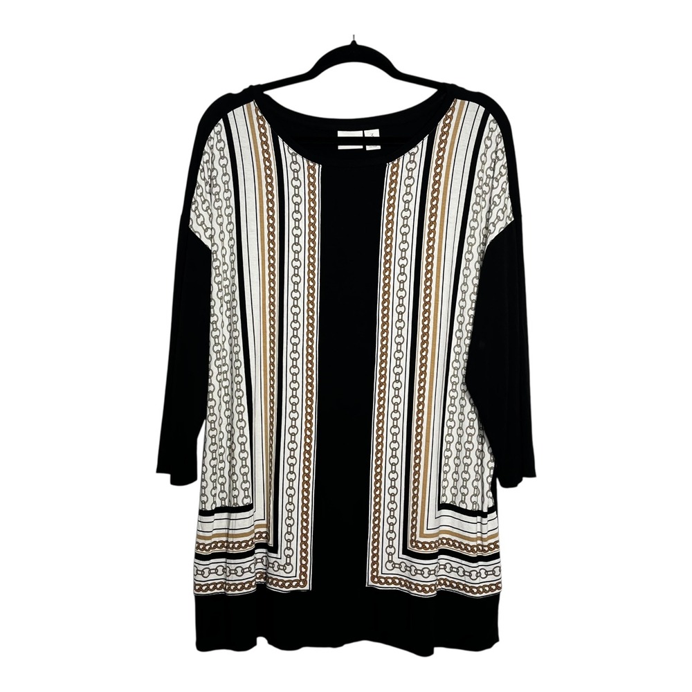 Zenergy by Chicos Womens Size 3 Large Black Chain Scarf Print 3/4 Sleeve Tunic